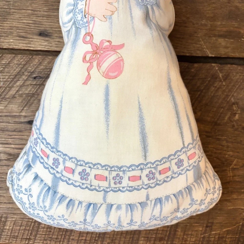 Vintage Doll Hand Sewn Foam Filled‎ 16 in Dress & Bonnet Rattle Blue Pink